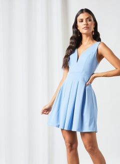 Buy Padded Plunge Neck Mini Dress Light Blue in UAE