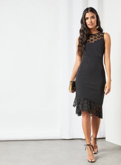 Buy Lace Detail Round Neck Midi Dress Black in UAE