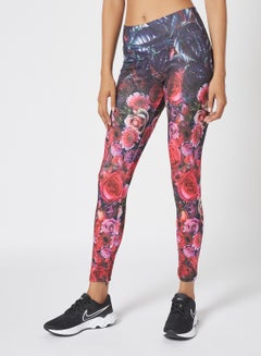 Buy Women's High Rise Sports Training Workout Stretch Leggings With Elastic Waist And All Over Print Red/Black/Floral in Saudi Arabia