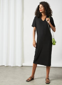 Buy Ribbed Midi Dress Black in UAE