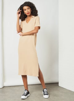 Buy Ribbed Midi Dress Beige in UAE