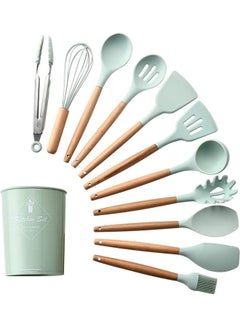 Buy 12-Piece Heat Resistant Non-Stick Silicone Cooking Utensil Set Green/Brown One Size in UAE