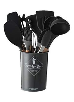 Buy 11-Piece Silicone Wooden Handle Kitchen Utensil Set With Holder Black/Brown One Size in UAE