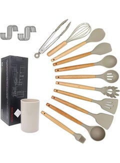 Buy 11-Piece Silicone Wooden Handle Kitchen Utensil Set With Holder and Hanger Hook Multicolour One Size in UAE