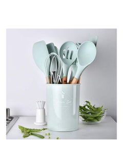 Buy 12-Piece Silicone Wooden Handle Kitchen Utensil Set With Holder Green/Brown One Size in UAE