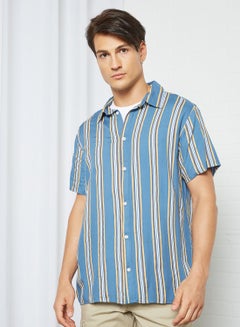 Buy Stripe Print Short Sleeve Shirt Light Blue in Saudi Arabia