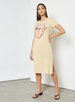 Buy Rolling Stones Midi Dress Beige in UAE