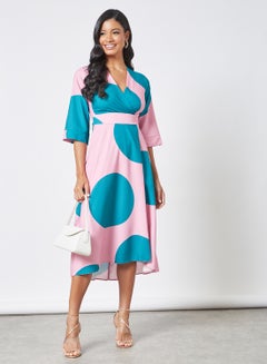 Buy Polka-Dot Wrap Style Dress Pink/Blue in Saudi Arabia