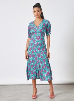 Buy Puff Sleeve Floral Print Dress Turquoise in Saudi Arabia