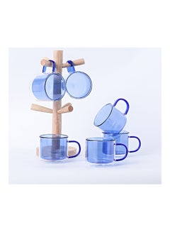 Buy 6-Piece Double Layer Glass Set With Wooden Frame Blue in UAE