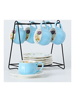 Buy 12-Piece Cup And Saucer Set With Iron Frame Blue/White/Black 90ml in Saudi Arabia