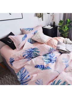 Buy 4-Piece Leaf Printed Bedding Set Polyester Pink/Blue Quilt Cover 150x200 cm, Bedsheet 200x230 cm, Pillowcase 48x74cm in UAE