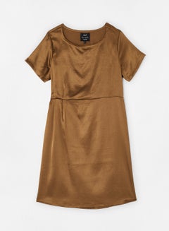 Buy Casual Round Neck Dress Golden Brown in UAE