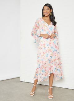 Buy Floral Print Wrap Dress Multicolour in UAE
