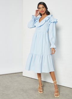 Buy Ruffle Trim Midi Dress Blue in UAE