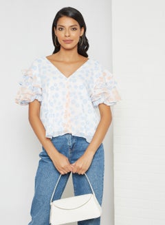 Buy Floral Print Ruffle Sleeve Top Multicolour in UAE