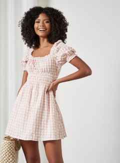 Buy Gingham Print Broderie Dress Pink in Saudi Arabia