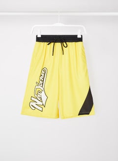 Buy Contrast Print Detail Elastic Waistband Drawstring Shorts Yellow/White/Black in Saudi Arabia