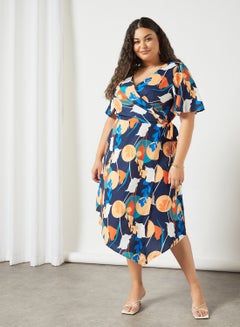 Buy Plus Size Abstract Print Wrap Dress Navy in UAE