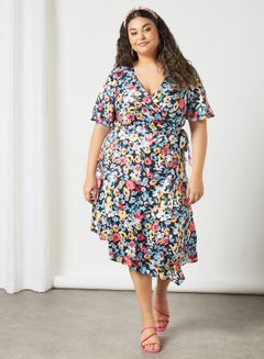 Buy Plus Size Floral Print Wrap Dress Multicolour in Saudi Arabia
