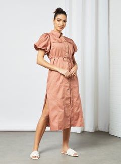 Buy Puff Sleeve Midi Shirt Dress Pink in UAE