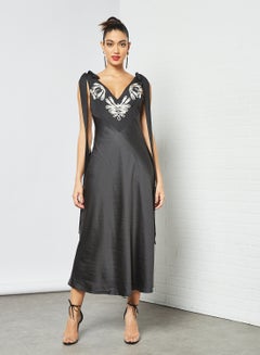 Buy Contrast Embroidery Tie-Up Shoulder Dress Black in UAE