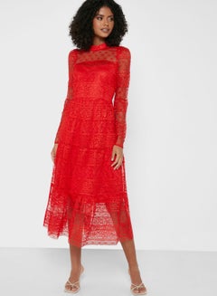 Buy Lace Detail Maxi Tier Dress Red in Saudi Arabia