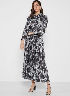 Buy Printed Pleated Dress Black/White in UAE