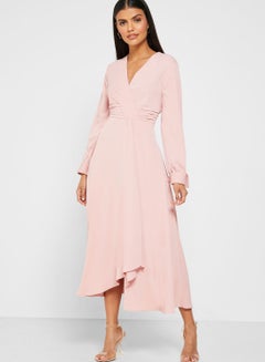 Buy V-Neck Wrap Front Midi Dress Light Pink in UAE