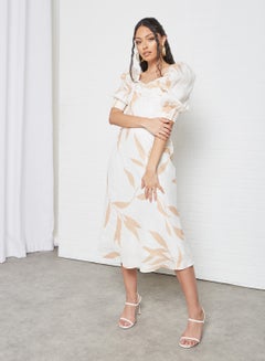 Buy Puff Sleeve Printed Midi Dress Multicolour in UAE