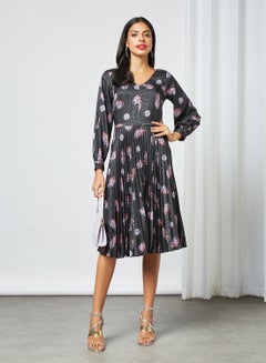 Buy Floral Print Pleated Dress Black in UAE