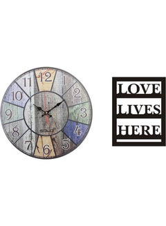 Buy B5726 Wooden Round Analog Wall Clock With Love Lives Here Wooden Tableau Multicolour 40cm in Egypt