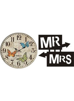 Buy C2412 Wooden Round Analog Wall Clock With Mr & Mrs Wooden Tableau Multicolour 40cm in Egypt