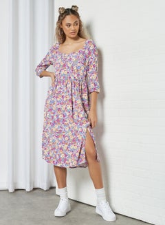 Buy Floral Print Midi Dress Purple in Saudi Arabia