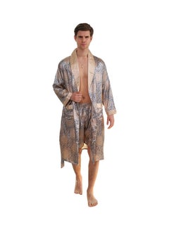 Buy Printed Long Sleeves Robe And Shorts Set Beige/Grey in Saudi Arabia