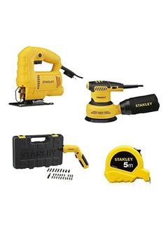 Buy Jigsaw 450W With Random Orbital Sander 300W, 125mm And Cordless Screwdriver With Bits in Kitbox, 4V Li-Ion And Short Measuring Tape, 5m/16" x 19mm Yellow/Black in UAE