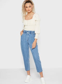 Buy Frill Waist High-Rise Tapered Jeans Blue in Saudi Arabia