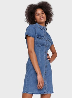 Buy Front Pocket Detail Short Sleeve Denim Mini Dress Blue in Saudi Arabia