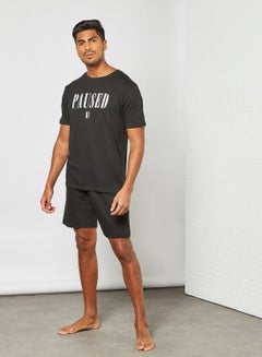 Buy Slogan Print T-Shirt and Shorts Set Black in Saudi Arabia