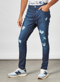 Buy Skinny Fit Ripped Jeans Dark Blue in Saudi Arabia