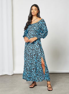 اشتري فستان بطول الى الكاحل بتصميم مورد أزرق في الامارات