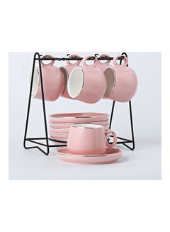 Buy 6-Piece Ceramic Cup and Saucer Set with Holder Pink/Black 125ml in UAE