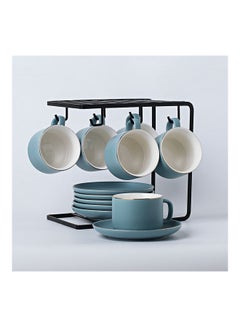 Buy 6-Piece Ceramic Cup and Saucer Set with Holder Blue 23 x 24 x 15.3cm in UAE