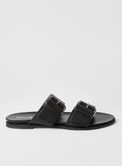 Buy Buckled Strap Leather Sandals Black in Saudi Arabia