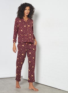 Buy All-Over Print Pyjama Set Burgundy in Saudi Arabia
