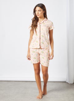 Buy All-Over Print Pyjama Set Peach in Saudi Arabia