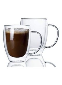 Buy 2-Piece Double Walled Glass Coffee Tea Cup Set with Handle Clear 350ml in Saudi Arabia