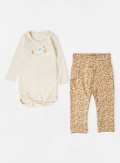 Buy Baby Graphic Print Bodysuit and Pyjama Set Beige in UAE
