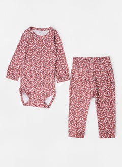 Buy Baby Floral Print Bodysuit and Pyjama Set Red in UAE