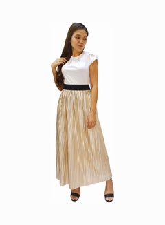 Buy Elastic Waist Pleated Maxi Skirt Beige in UAE